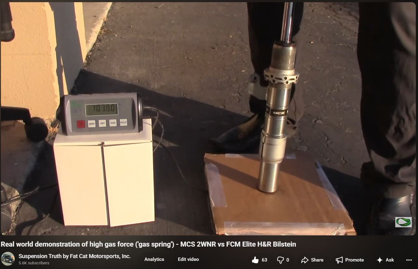 Scale demonstration comparing an 
MCS non-inverted BMW strut with a stock inverted H and R Bilstein strut