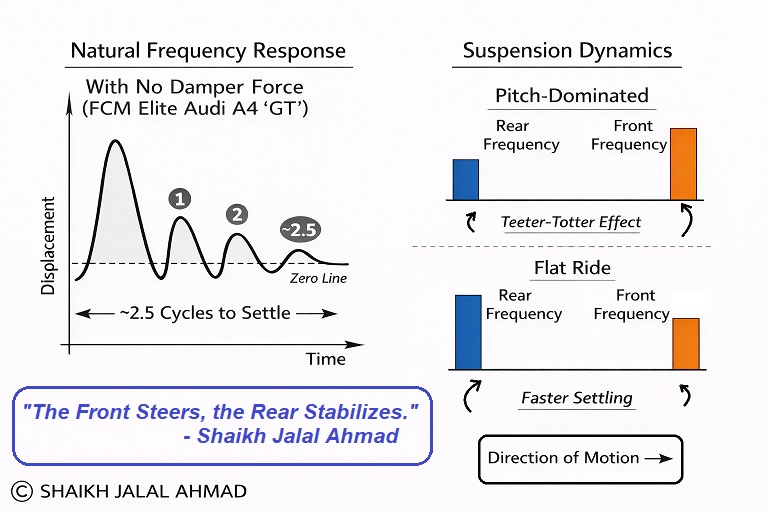 Natural frequency response with no damper force and a comparison of pitch-dominated versus Flat Ride suspension dynamics